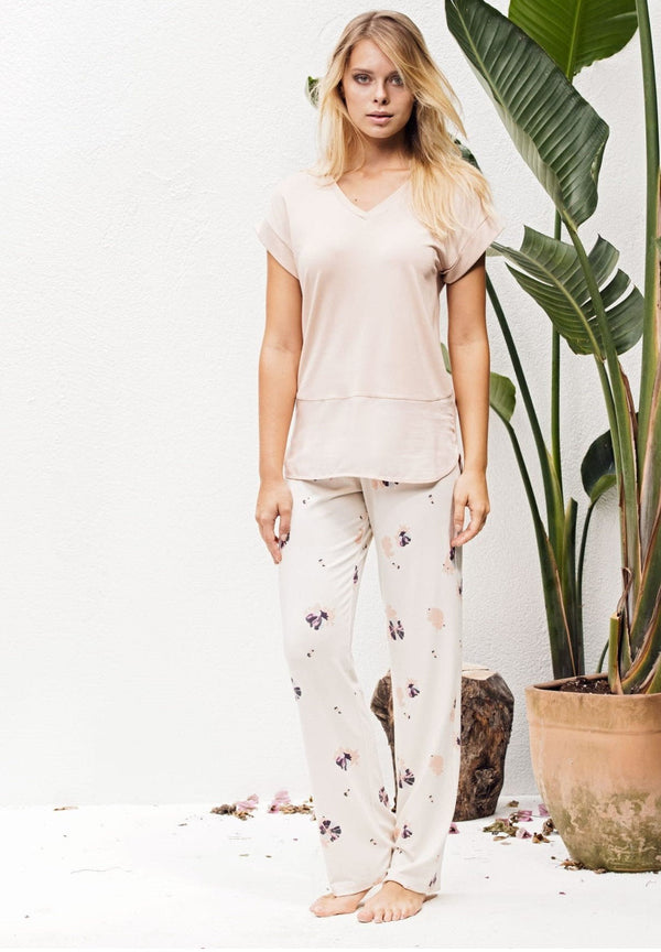 Loomerie Loungewear Pajamas for Women Lightweight Peachy Pink V-Neck Top and Floral Straight-Leg Pants