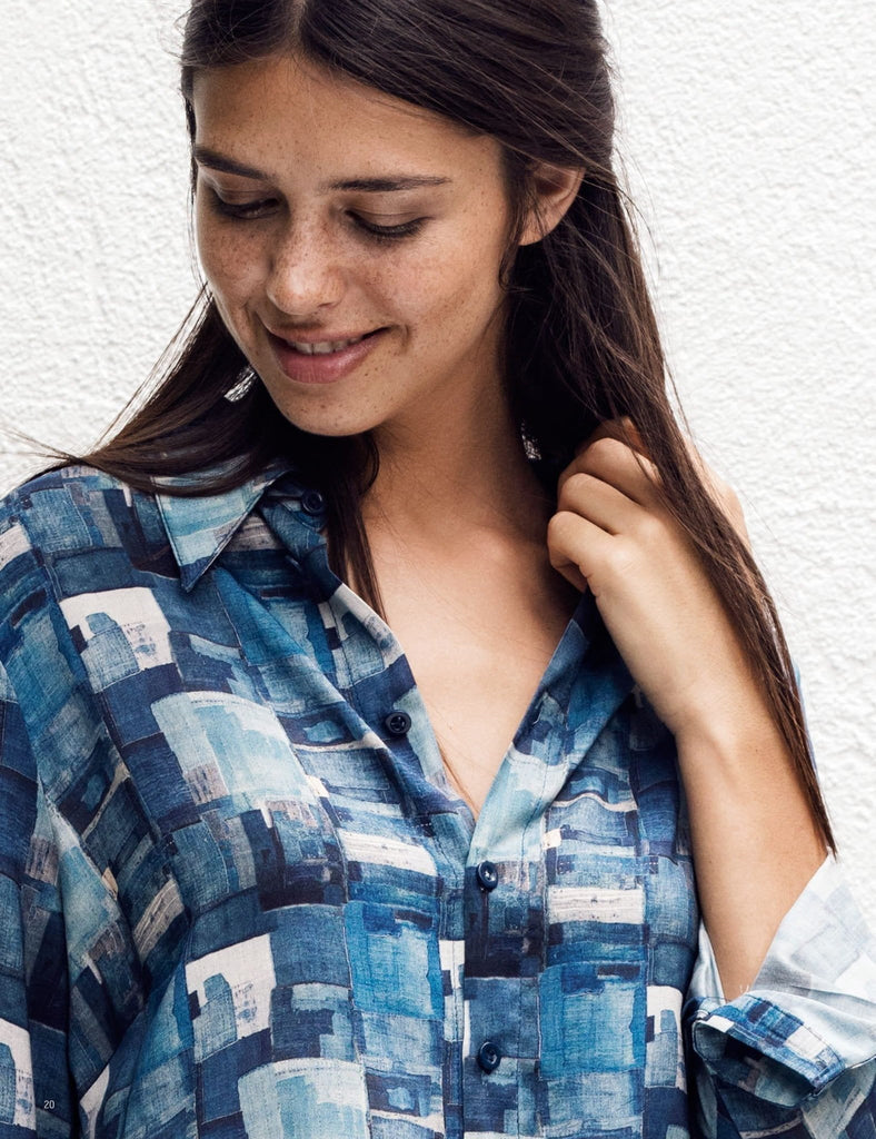 Loomerie Sleepshirt for Women Lightweight Blue Paintbrush Print with High-Low Hem and Side Slits