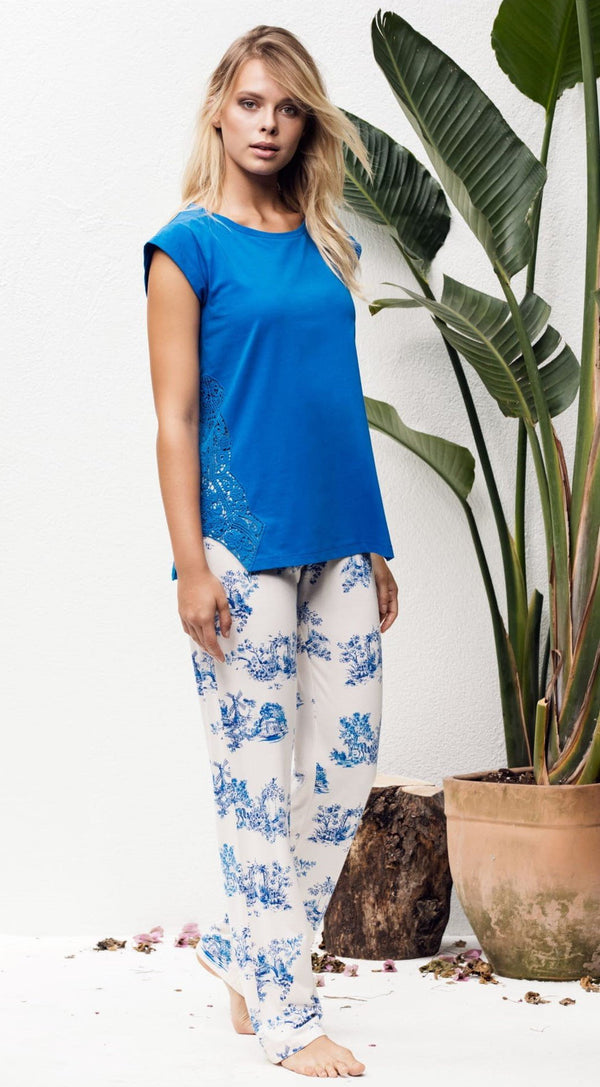 Loomerie Loungewear Pajamas Women Lightweight Blue White Embroidered Cap Sleeve Top Straight-Leg Pants