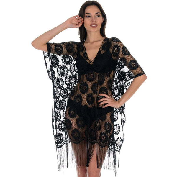 Loomerie Beach Coverups for Women Floral Crochet Deep V-Neck (One Size (US 0-10), Black)