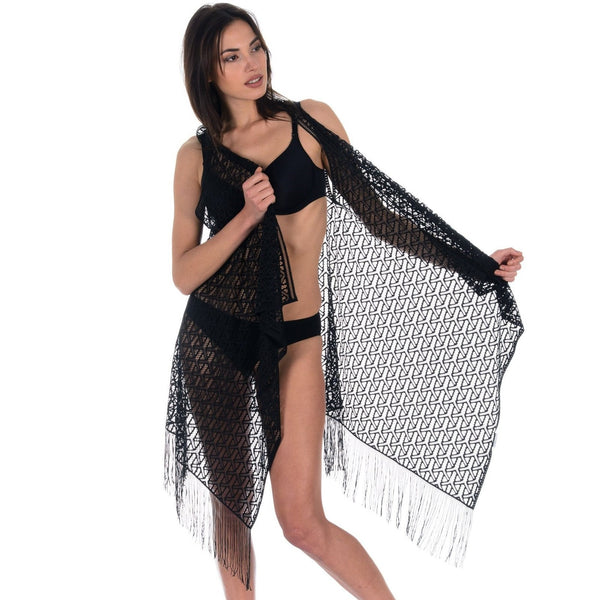 Loomerie Beach Coverups for Women Open-Front Draped Vest Geometrical Crochet (One Size (0-12), Black)
