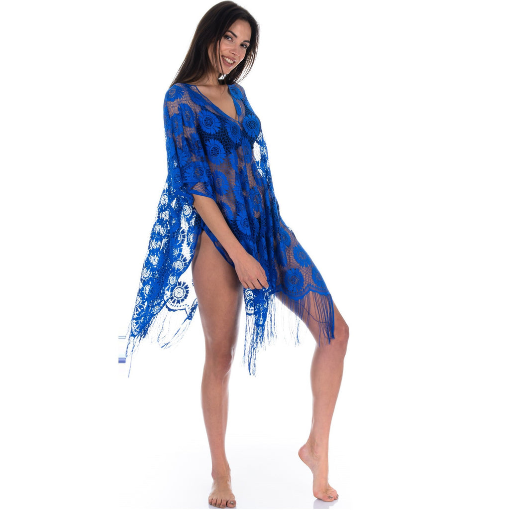 Loomerie Beach Coverups for Women Floral Crochet Deep V-Neck (One Size (US 0-10), Blue)